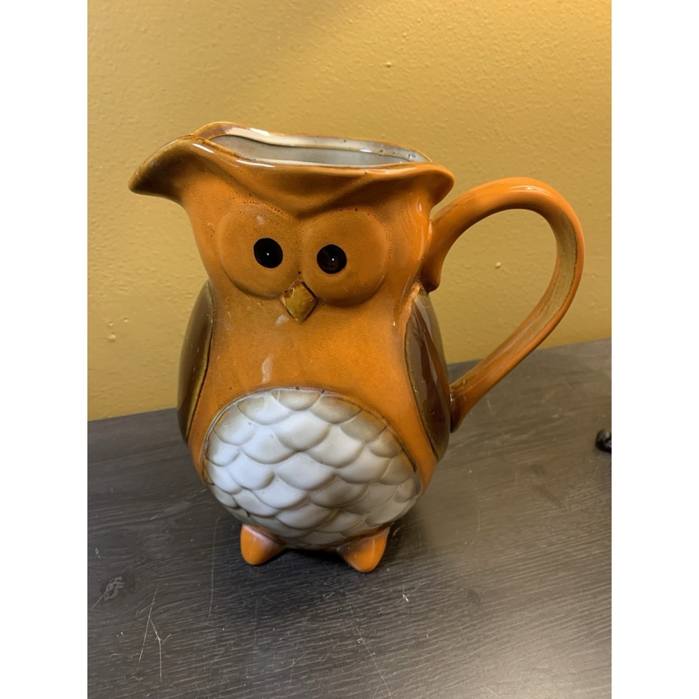 VTG Orange Owl Water Pitcher Ceramic Art Pottery Harvest Fall Halloween Decor 8"